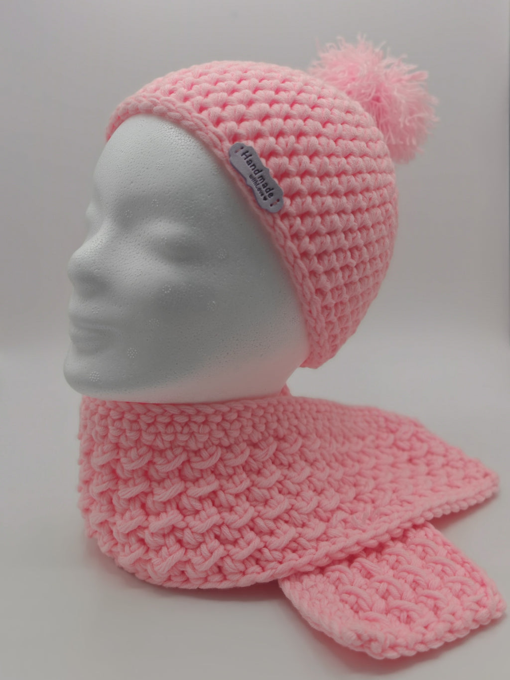 Gehäkeltes Baby- & Kinderset | Mütze mit Bommel & Schal | Rosa | Handgemacht