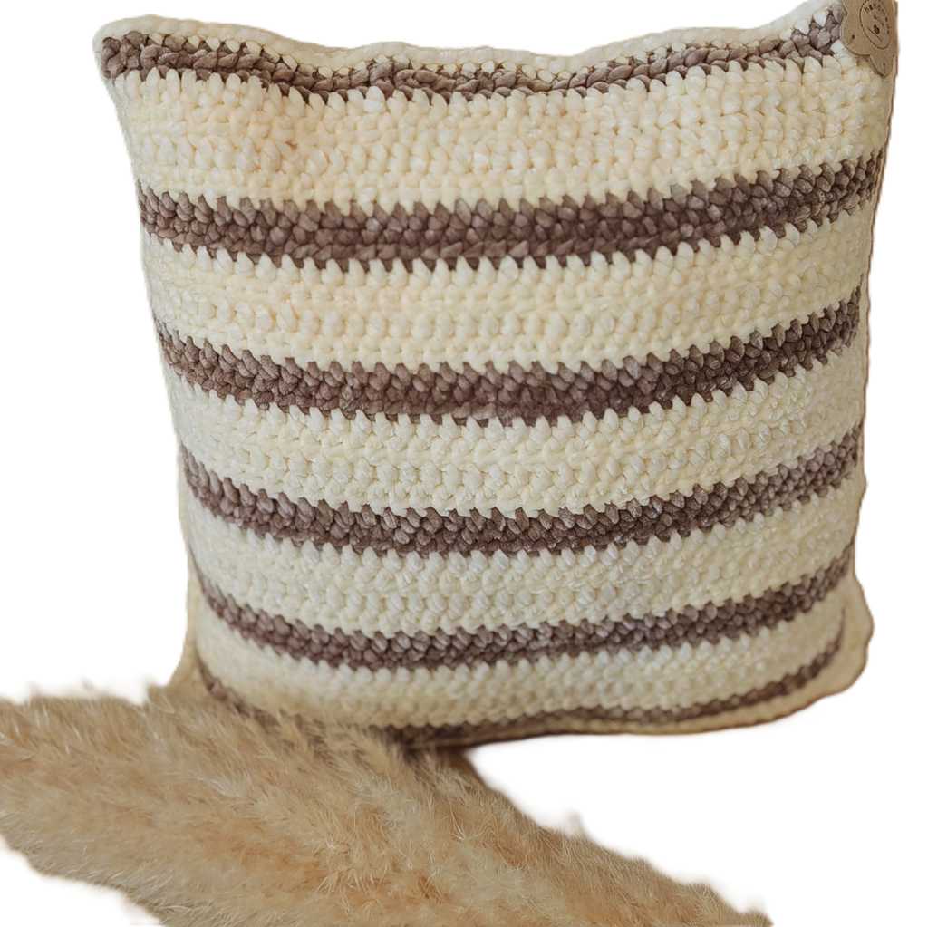 Gehäkeltes Kissen handgemacht | Boho Dekokissen mit Streifen | Wohnaccessoire in Naturtönen