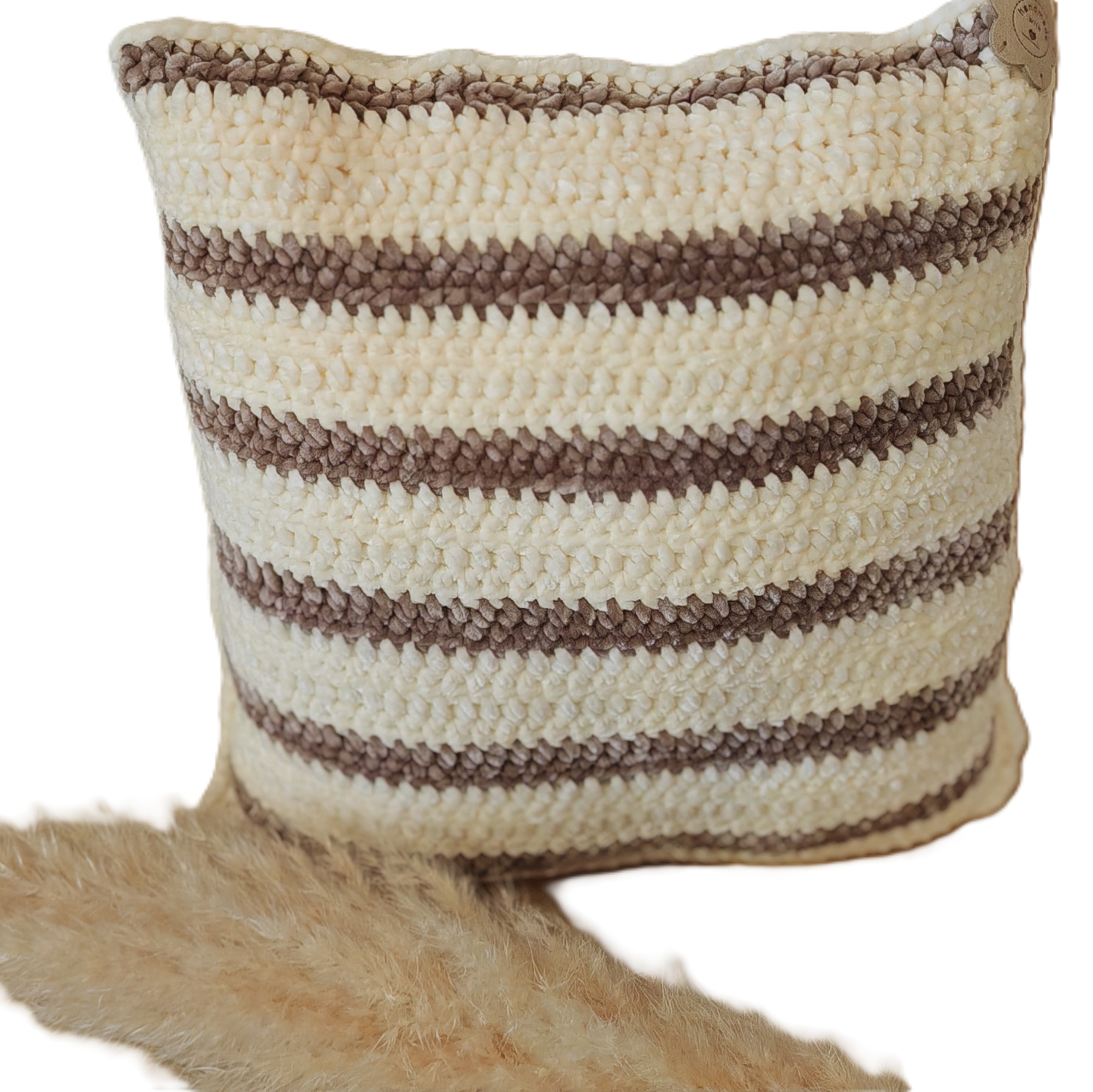Gehäkeltes Kissen handgemacht | Boho Dekokissen mit Streifen | Wohnaccessoire in Naturtönen