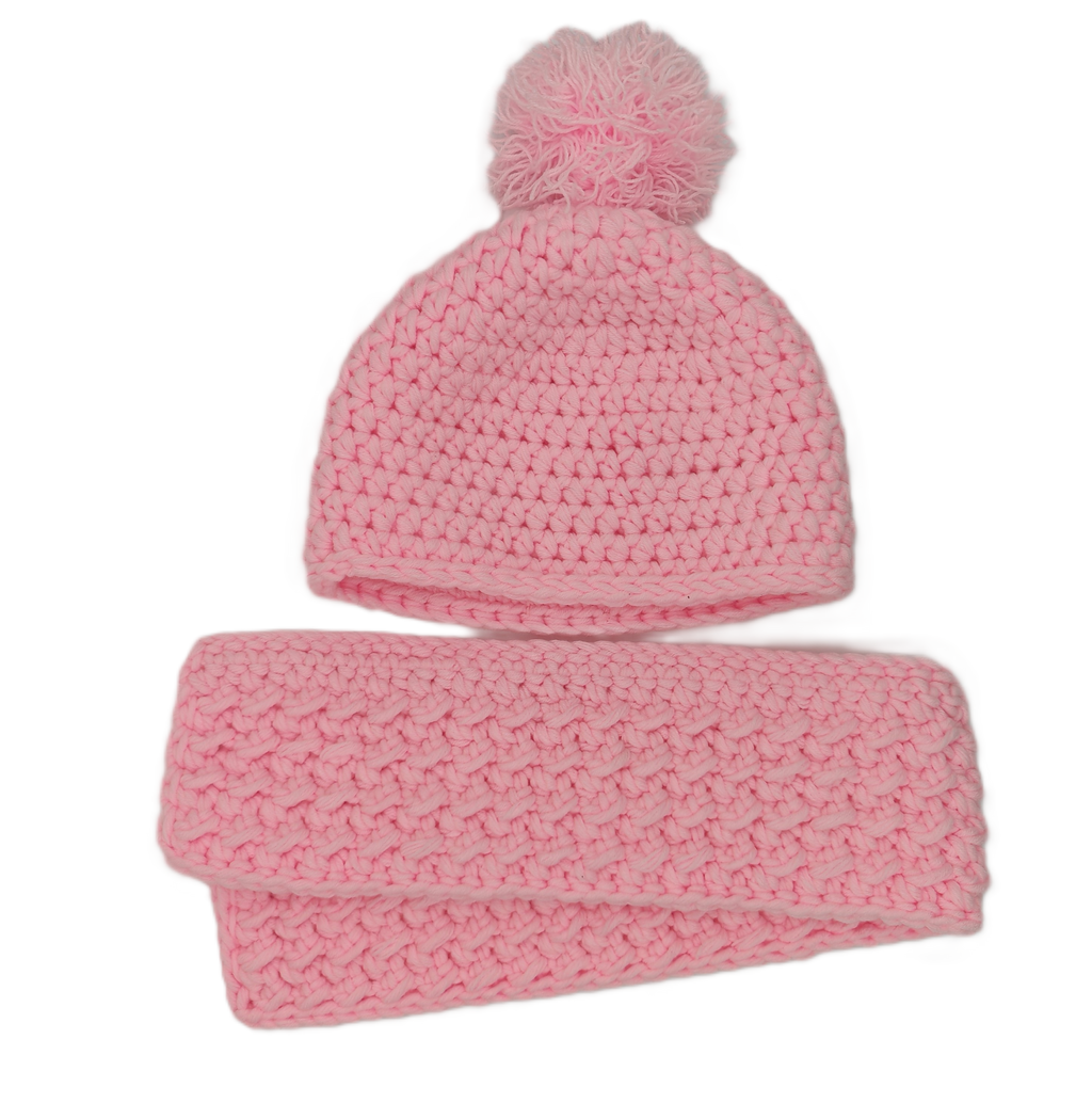 Gehäkeltes Baby- & Kinderset | Mütze mit Bommel & Schal | Rosa | Handgemacht
