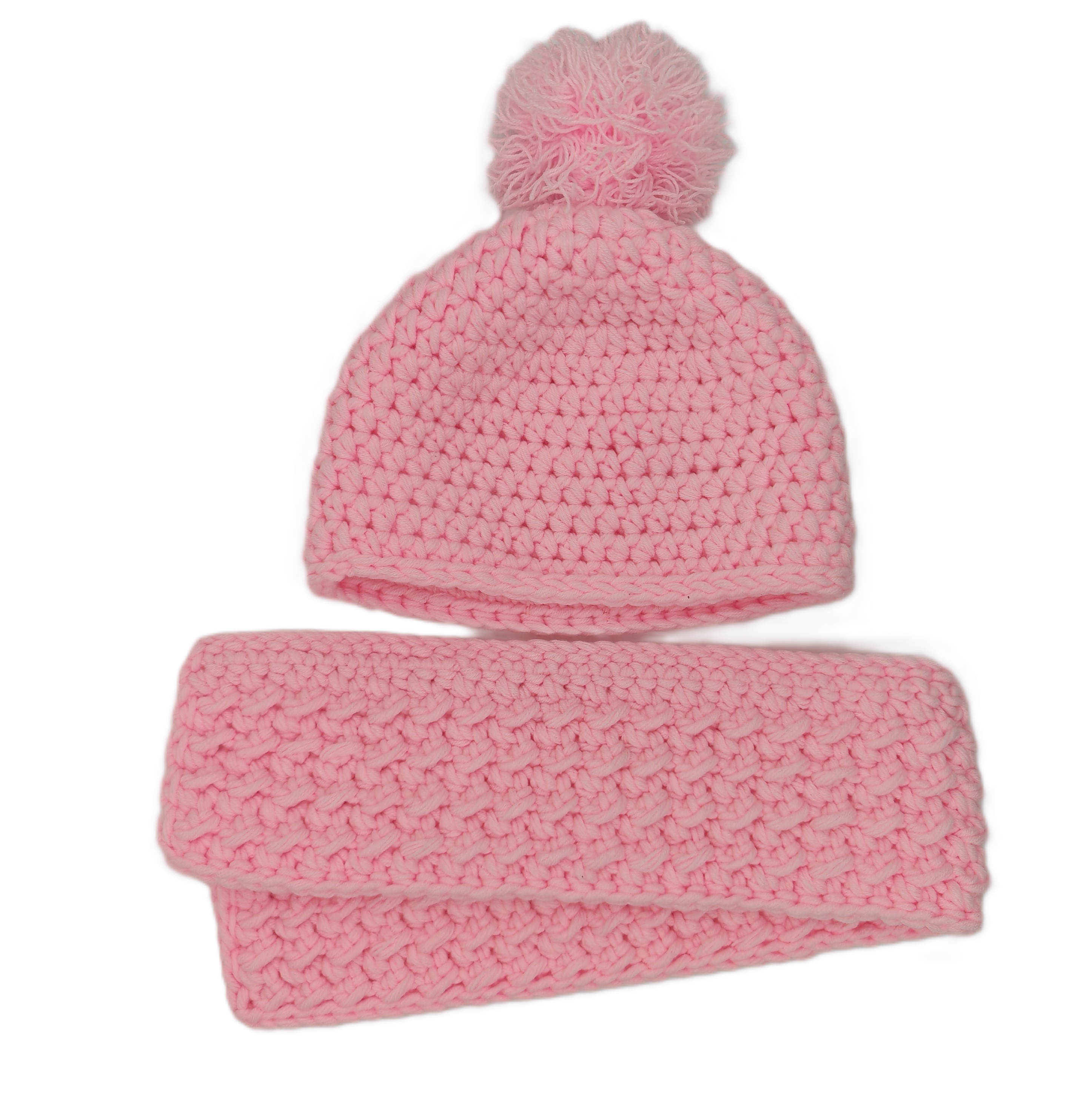 Gehäkeltes Baby- & Kinderset | Mütze mit Bommel & Schal | Rosa | Handgemacht